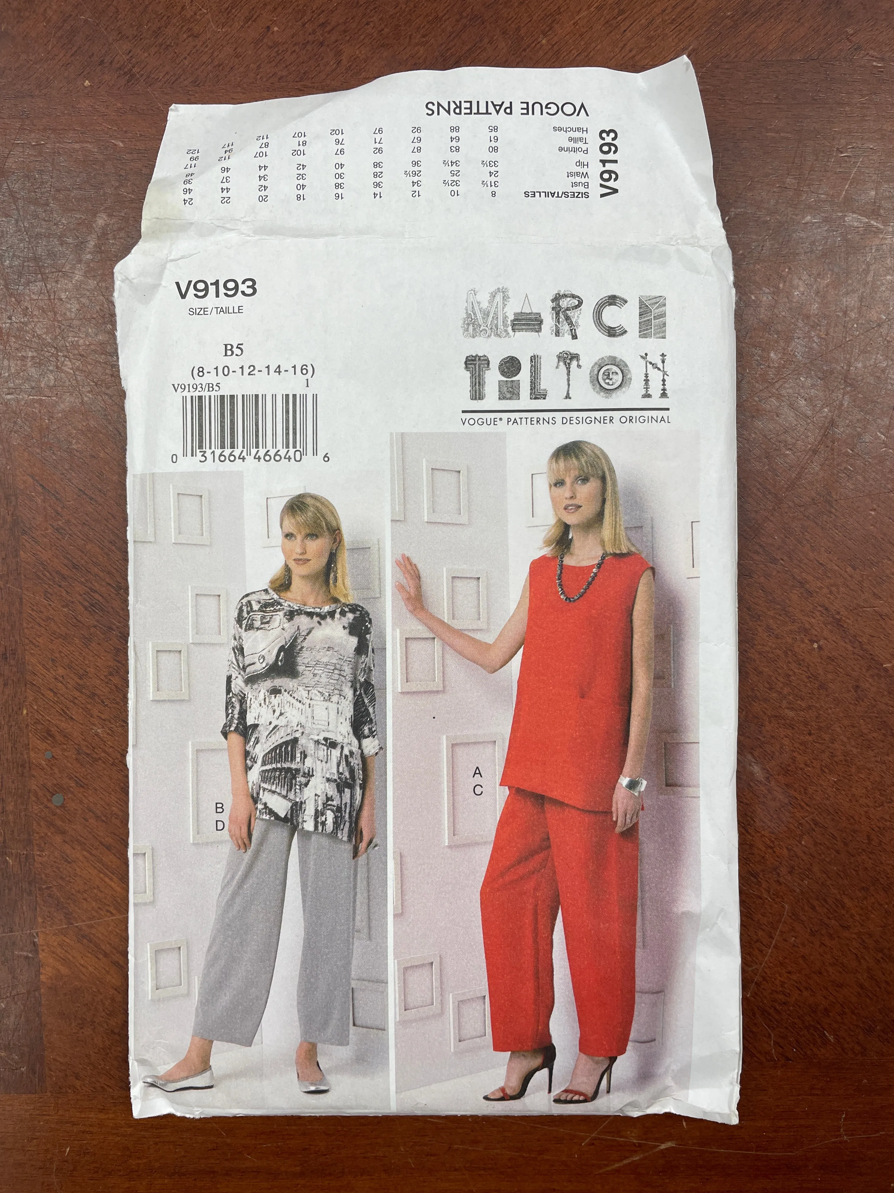 2016 Vouge 9193 Sewing Pattern -Women's Tunics and Pants FACTORY FOLDED