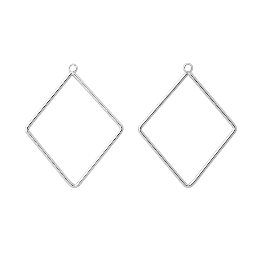 38x30mm Diamond Shaped Pendant/Beadable Frame Component in Rhodium Plated Brass from the Geo Collection (1 Pair)