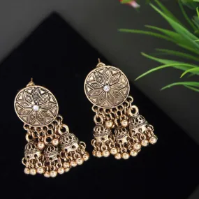 Antique Gold Plated Drop Bells Stud Triple Jhumka Earring