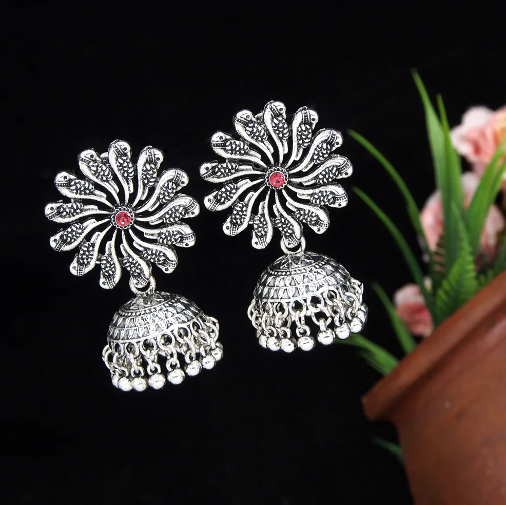 Antique Gold/Silver Plated Floral Peacock Design Hanging Beads Jhumki Earring