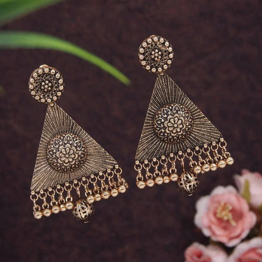 Antique Gold/Silver Plated Triangle Shaped Design Artwork Golden Beads Trendy Earring