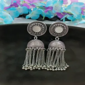 Antique Silver Plated Mirror Chain Tassel Jhumka Earring