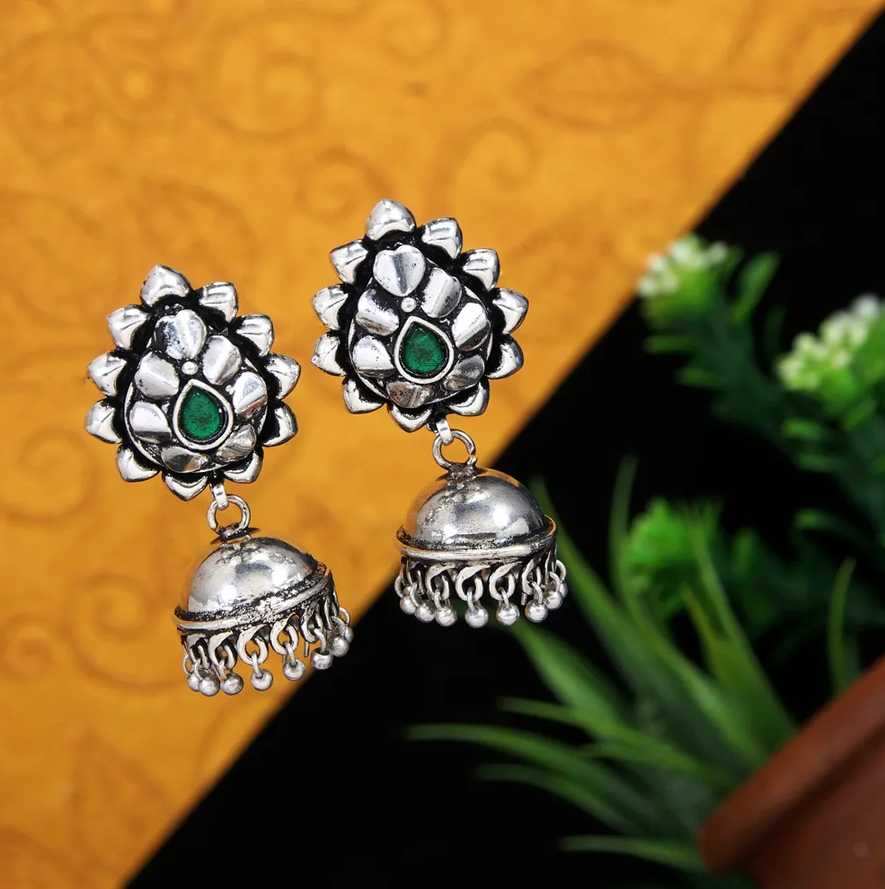 Antique Silver Plated Multi Coloured Trendy Jhumki Earring