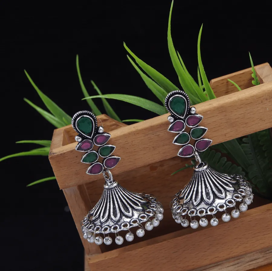 Antique Silver Plated Multi Colours Tribal Jhumki Earring