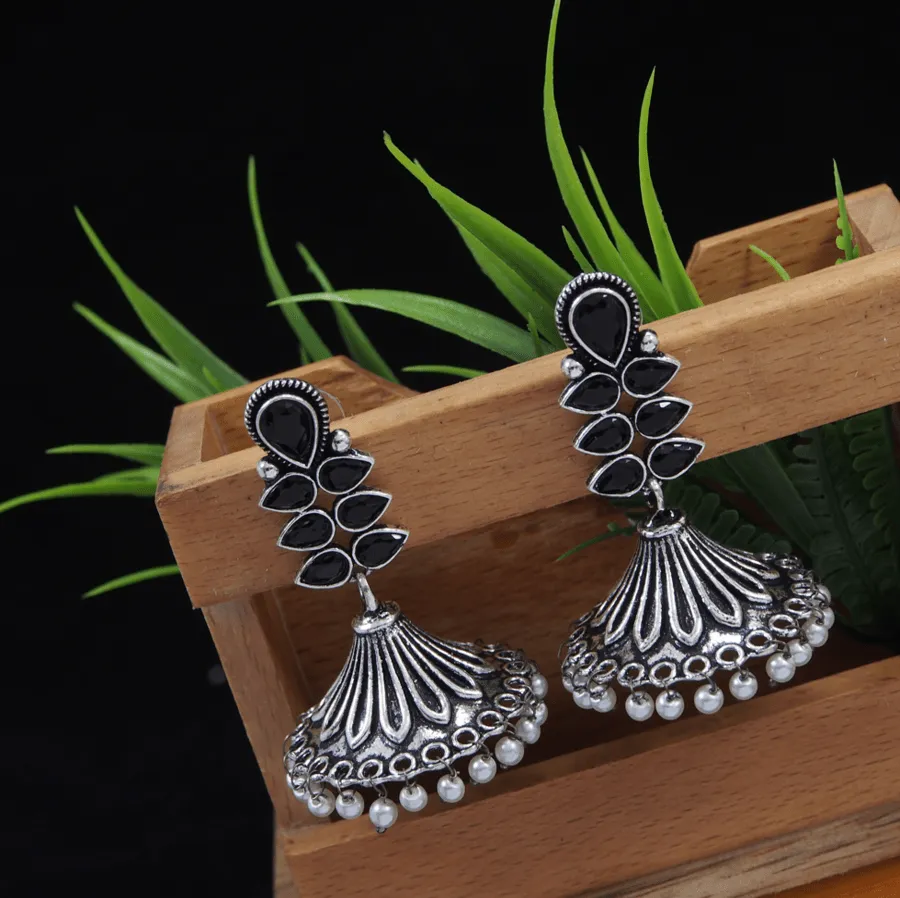 Antique Silver Plated Multi Colours Tribal Jhumki Earring