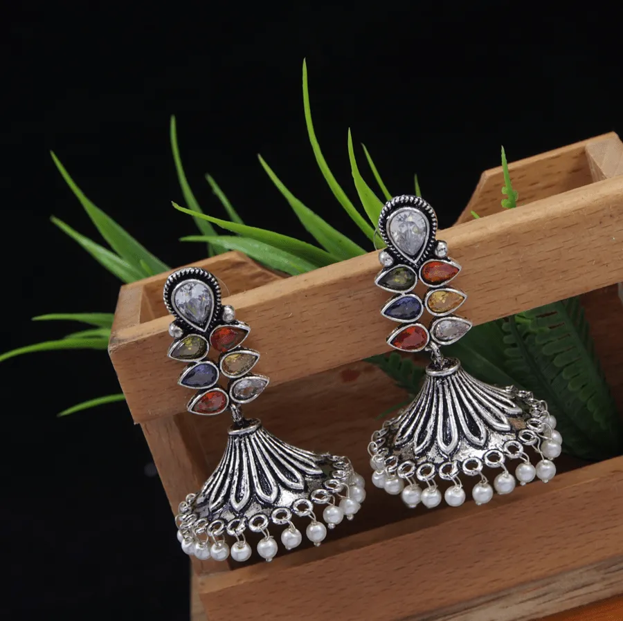Antique Silver Plated Multi Colours Tribal Jhumki Earring