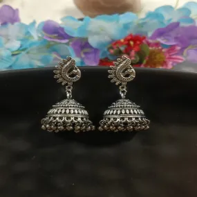 Antique Silver Plated Peacock Design Jhumka Earring