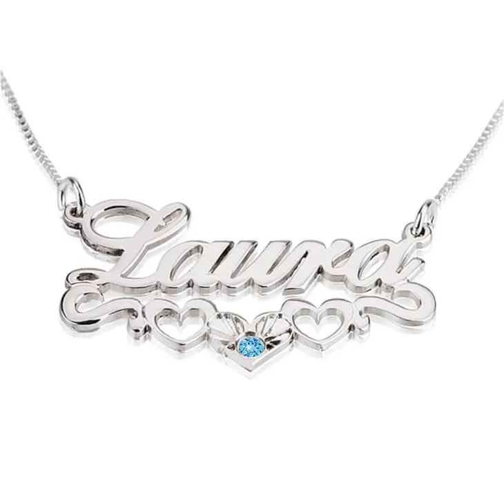 Birthstone Name Necklace with Hearts
