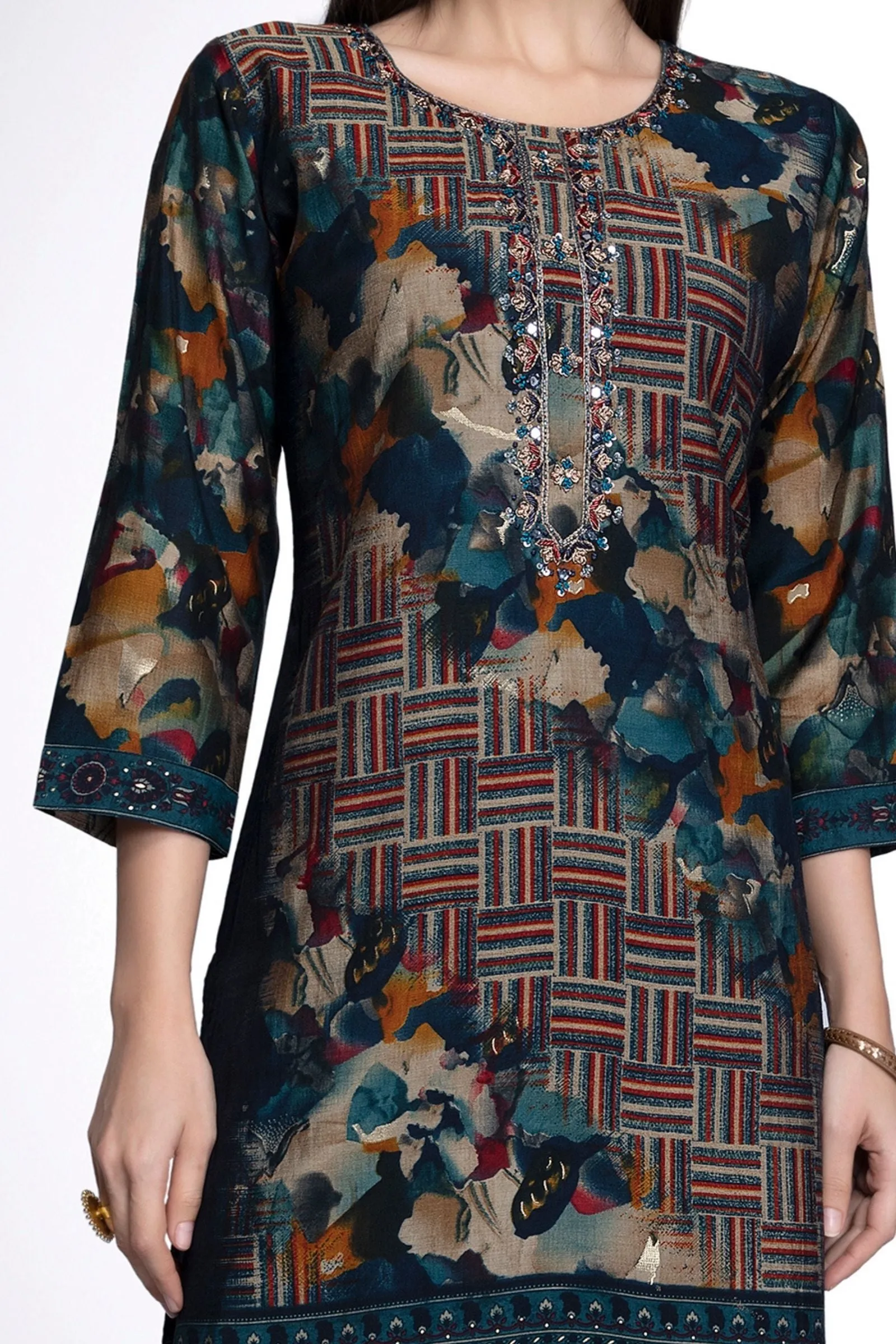 Blue Multicolor Print, Mirror, Zardozi, Sequins and Beads work Calf Length Kurti