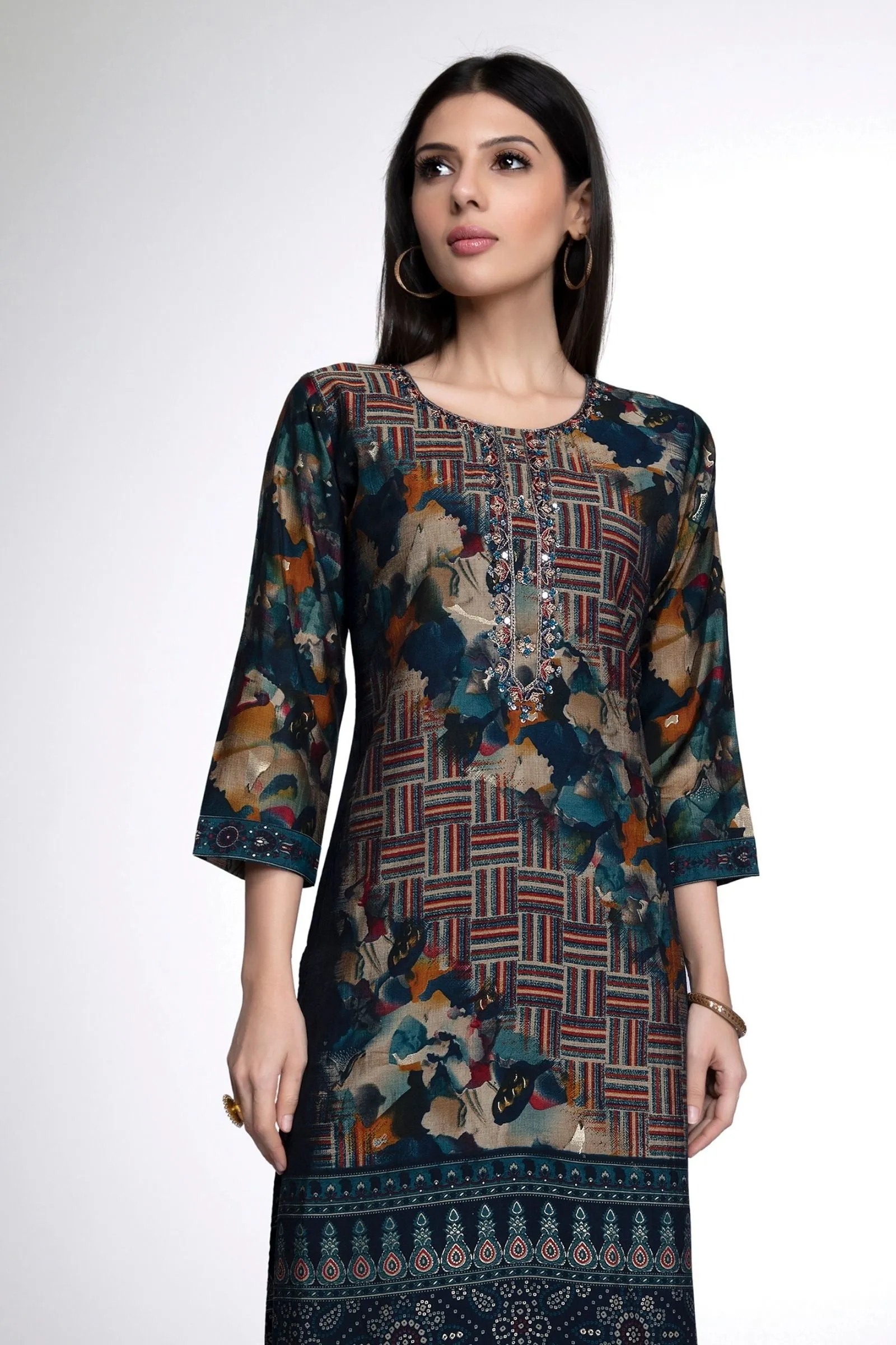 Blue Multicolor Print, Mirror, Zardozi, Sequins and Beads work Calf Length Kurti