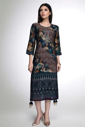 Blue Multicolor Print, Mirror, Zardozi, Sequins and Beads work Calf Length Kurti