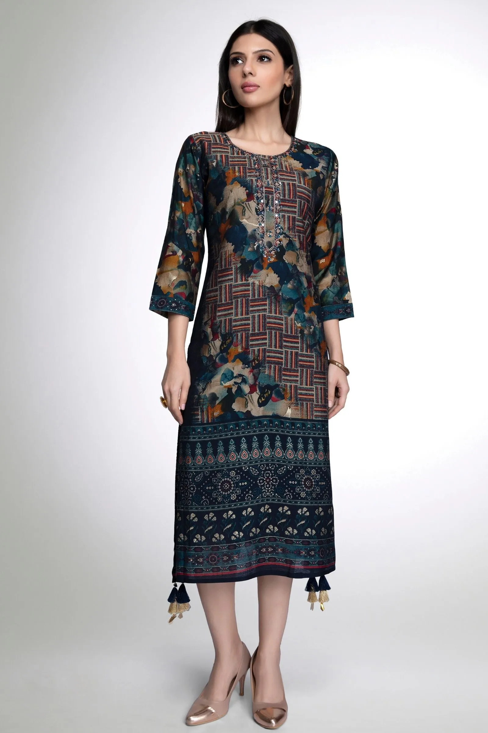 Blue Multicolor Print, Mirror, Zardozi, Sequins and Beads work Calf Length Kurti