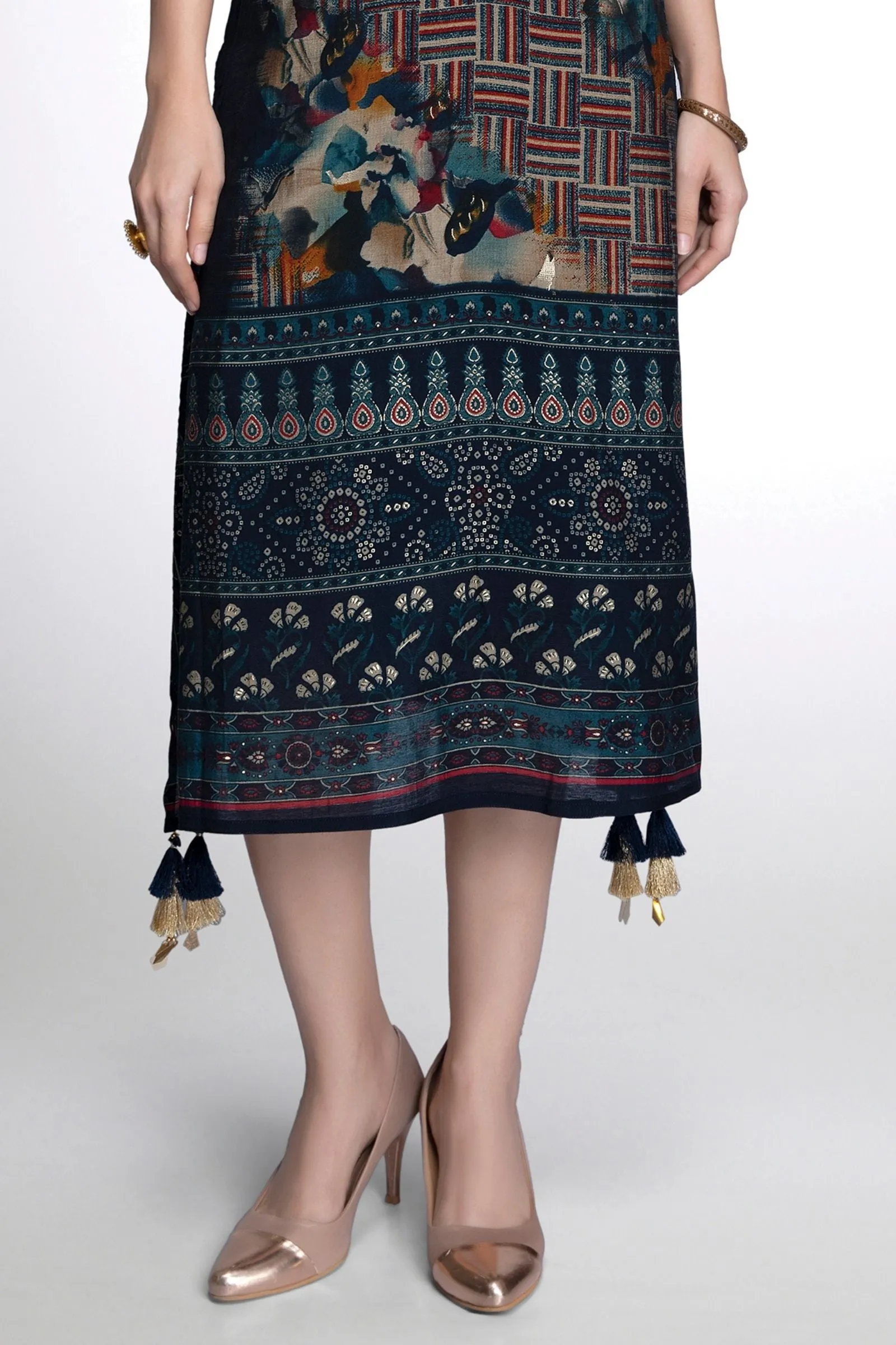 Blue Multicolor Print, Mirror, Zardozi, Sequins and Beads work Calf Length Kurti