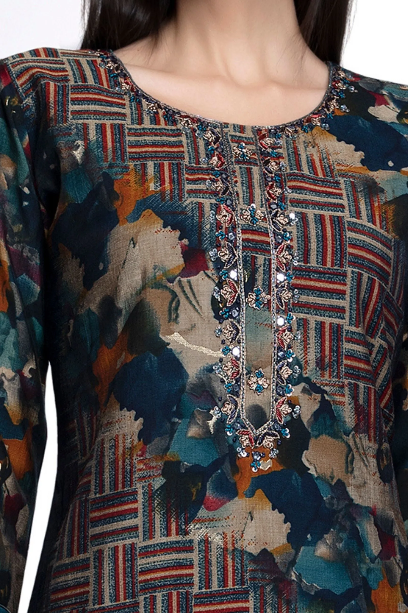 Blue Multicolor Print, Mirror, Zardozi, Sequins and Beads work Calf Length Kurti
