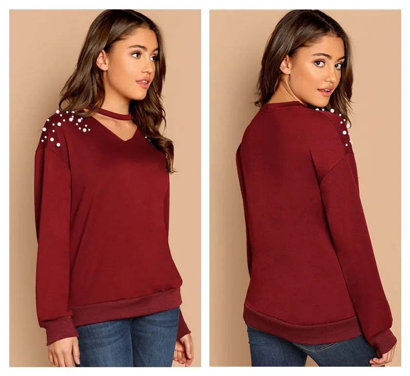 Burgundy Solid V-Cut Neck Pearl Beading Elegant Sweatshirts