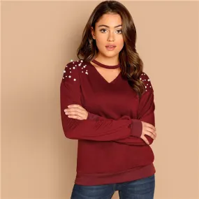 Burgundy Solid V-Cut Neck Pearl Beading Elegant Sweatshirts