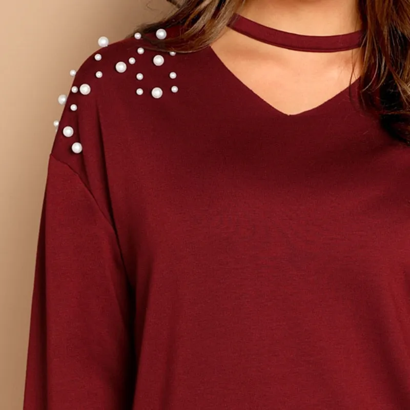 Burgundy Solid V-Cut Neck Pearl Beading Elegant Sweatshirts