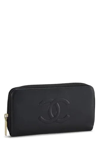 Chanel,  Black Calfskin Leather Zip Around Wallet, Black
