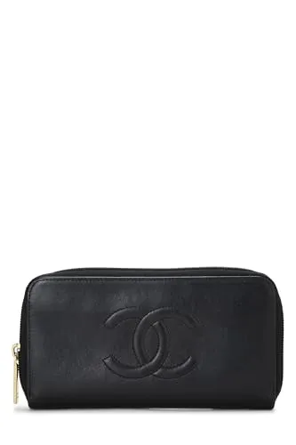 Chanel,  Black Calfskin Leather Zip Around Wallet, Black