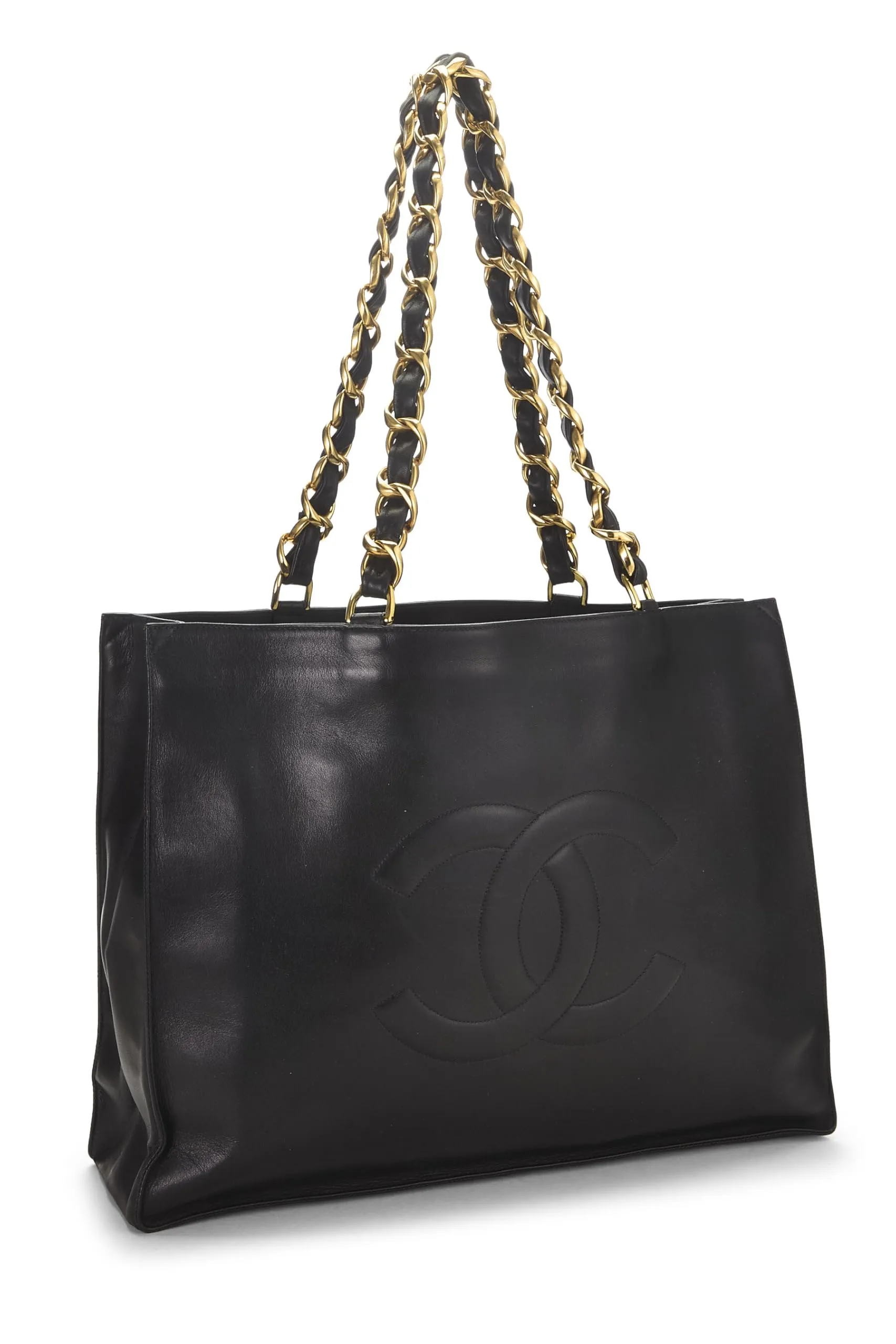 Chanel,  Black Lambskin Flat Chain Handle Tote Medium, Black
