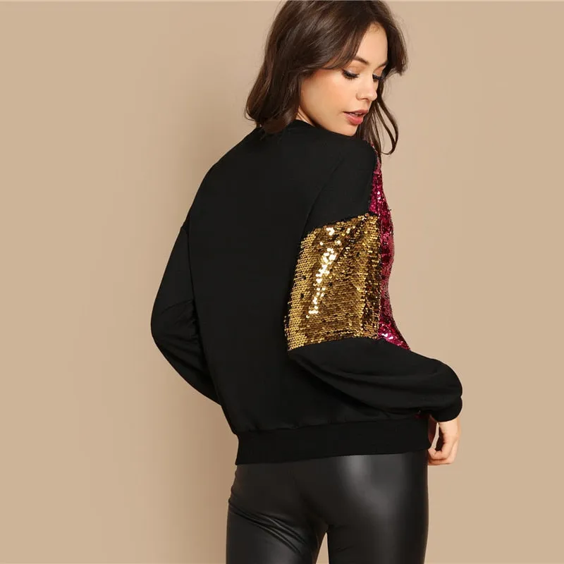 Color Sequin Sweatshirt Long Sleeve Pullover