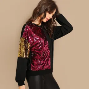 Color Sequin Sweatshirt Long Sleeve Pullover