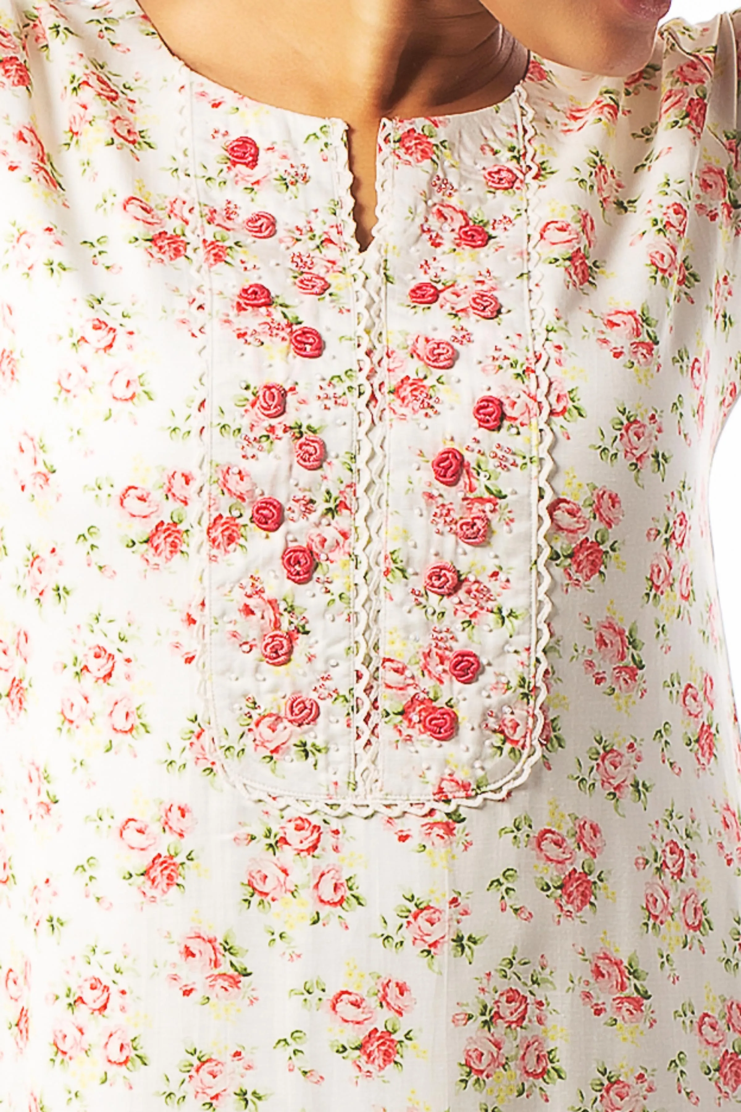 Cream Floral Print, Beads and Thread work Calf Length Kurti