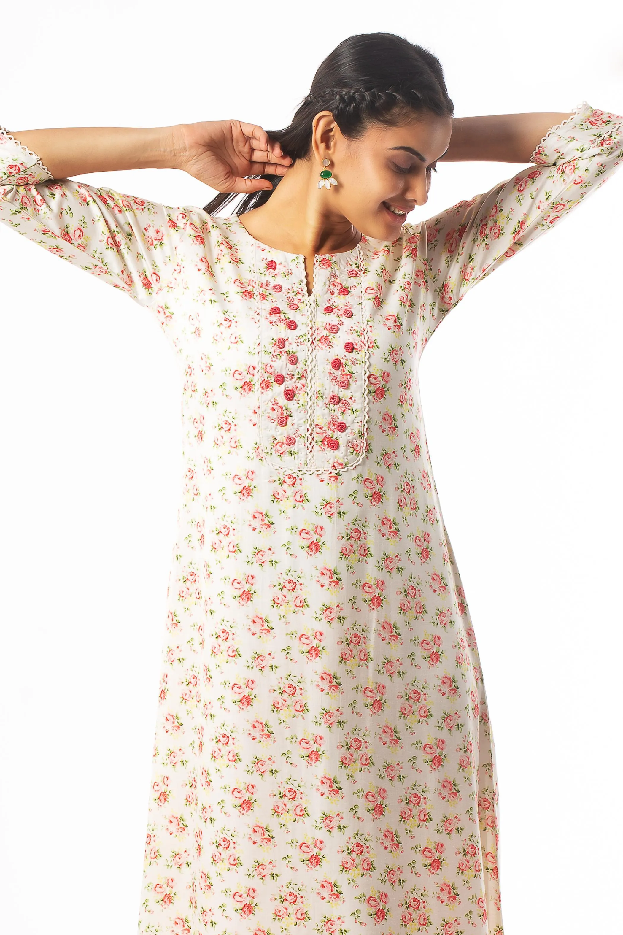 Cream Floral Print, Beads and Thread work Calf Length Kurti
