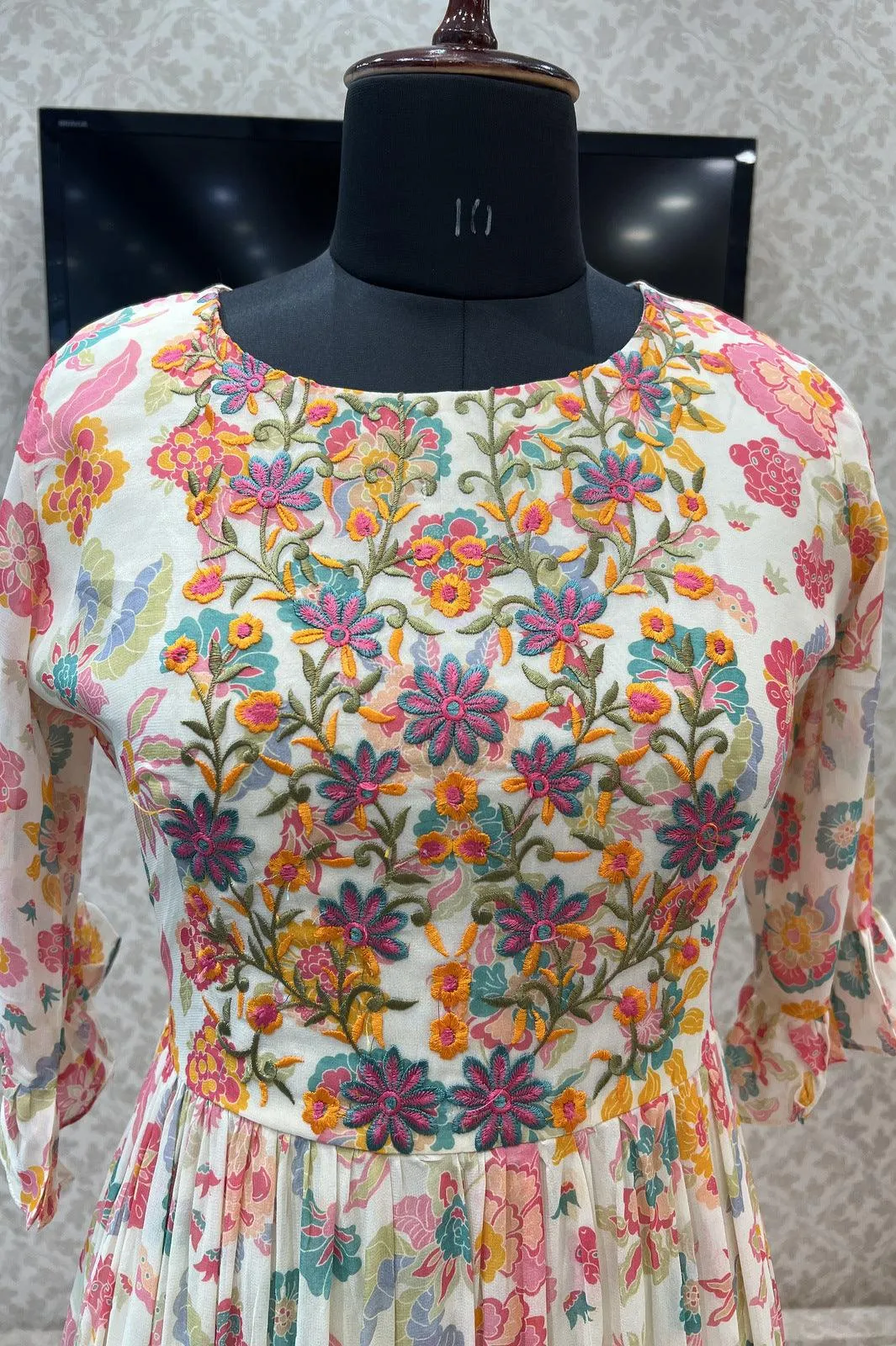 Cream Multicolor Embroidery work with Floral Print Anarkali Styled Long Kurti