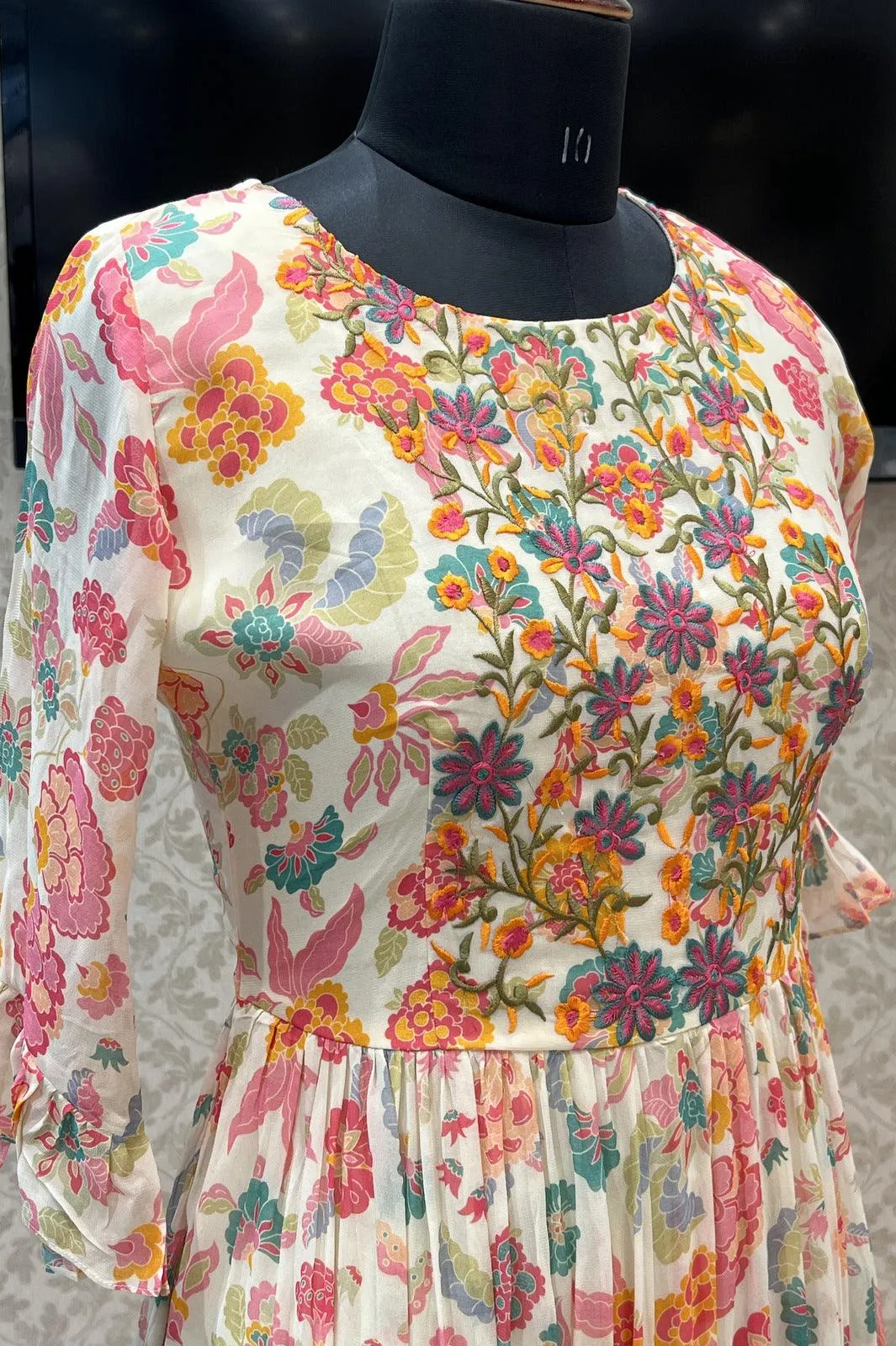 Cream Multicolor Embroidery work with Floral Print Anarkali Styled Long Kurti