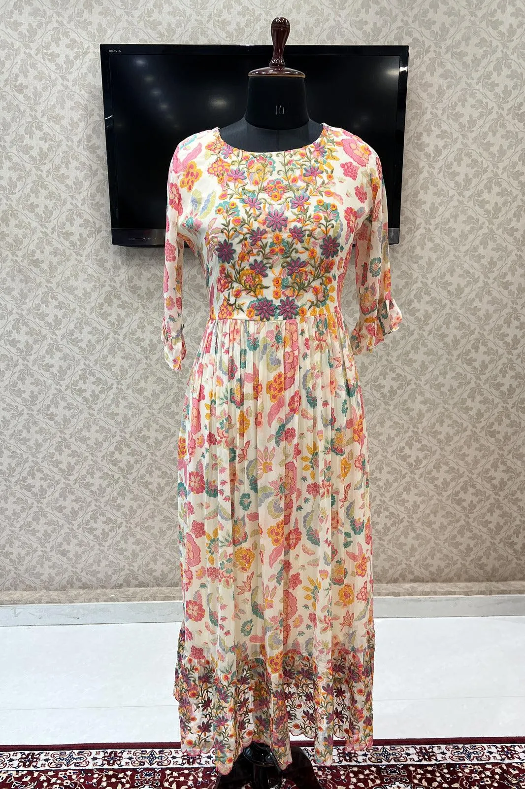 Cream Multicolor Embroidery work with Floral Print Anarkali Styled Long Kurti