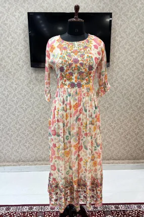 Cream Multicolor Embroidery work with Floral Print Anarkali Styled Long Kurti