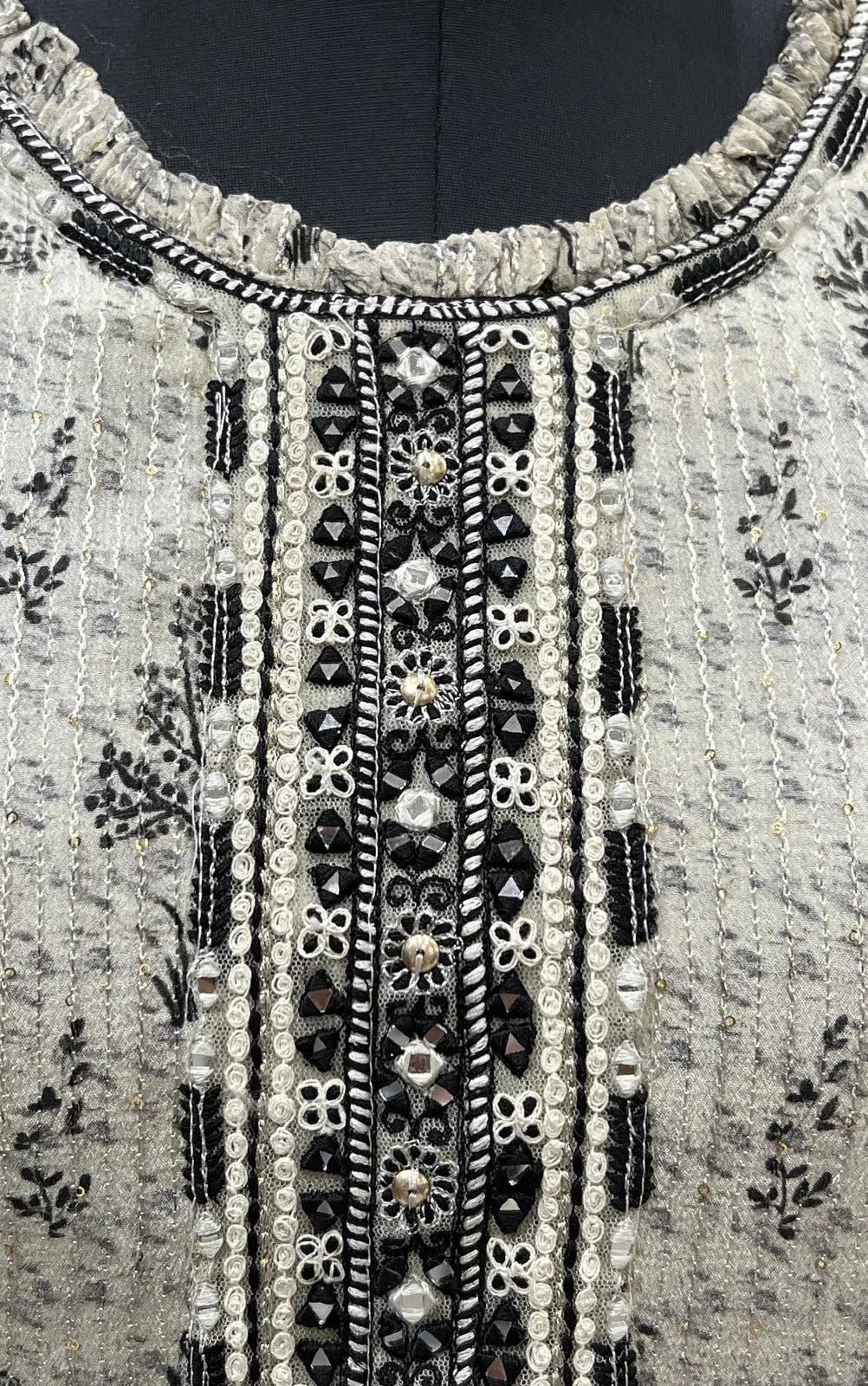 Cream with Black Printed, Sequins, Mirror and Thread Weaving work Calf Length Kurti