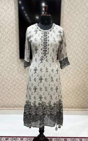 Cream with Black Printed, Sequins, Mirror and Thread Weaving work Calf Length Kurti