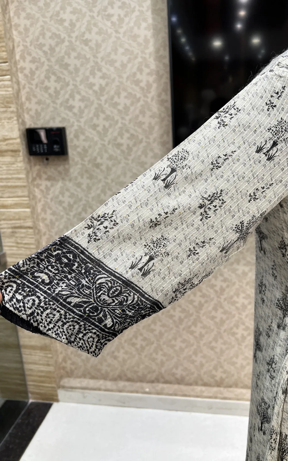 Cream with Black Printed, Sequins, Mirror and Thread Weaving work Calf Length Kurti