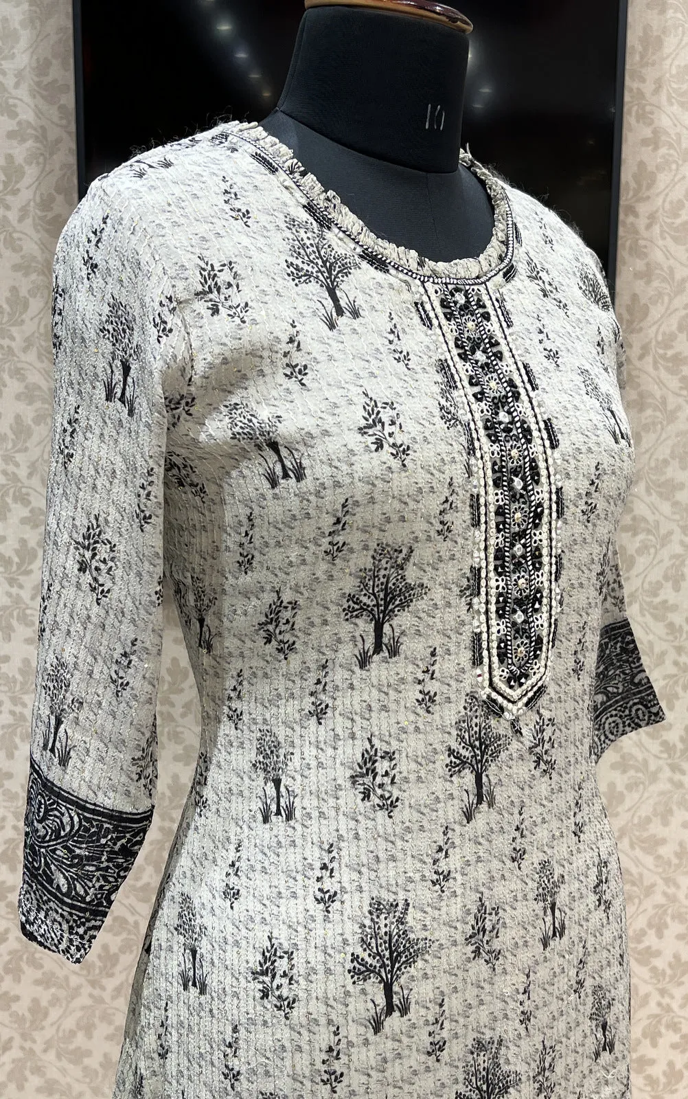 Cream with Black Printed, Sequins, Mirror and Thread Weaving work Calf Length Kurti