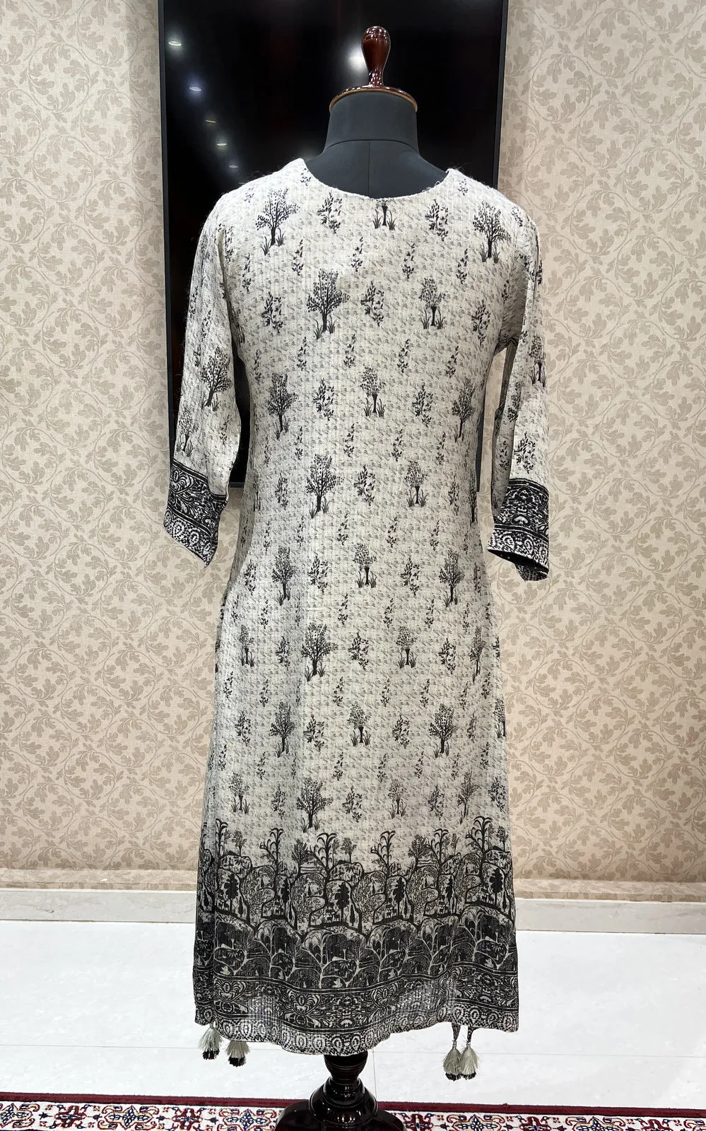 Cream with Black Printed, Sequins, Mirror and Thread Weaving work Calf Length Kurti