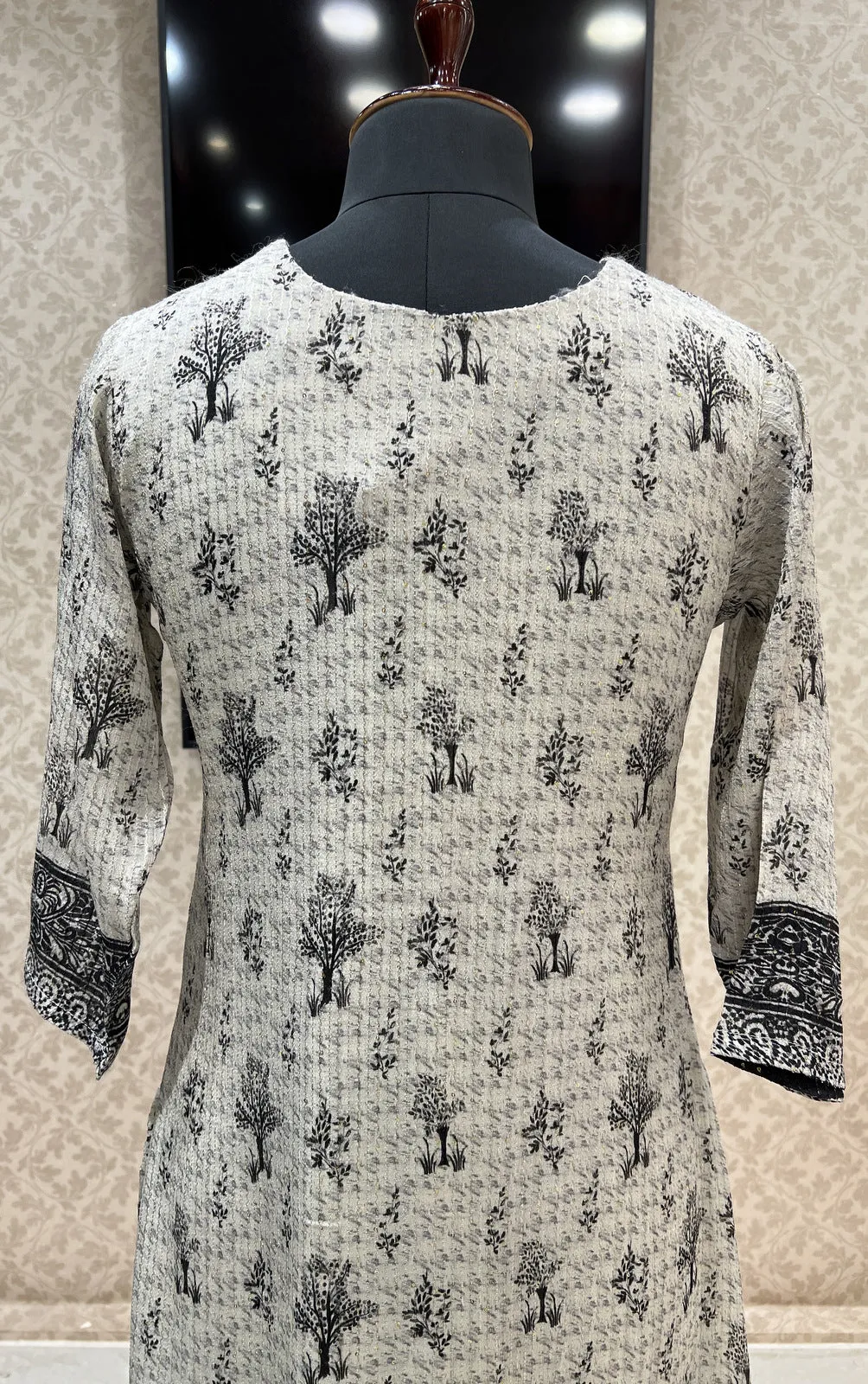 Cream with Black Printed, Sequins, Mirror and Thread Weaving work Calf Length Kurti