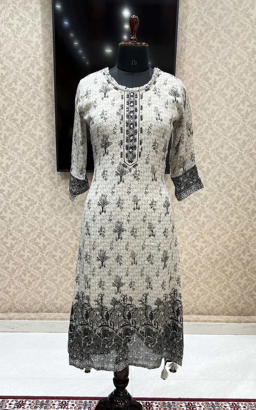 Cream with Black Printed, Sequins, Mirror and Thread Weaving work Calf Length Kurti