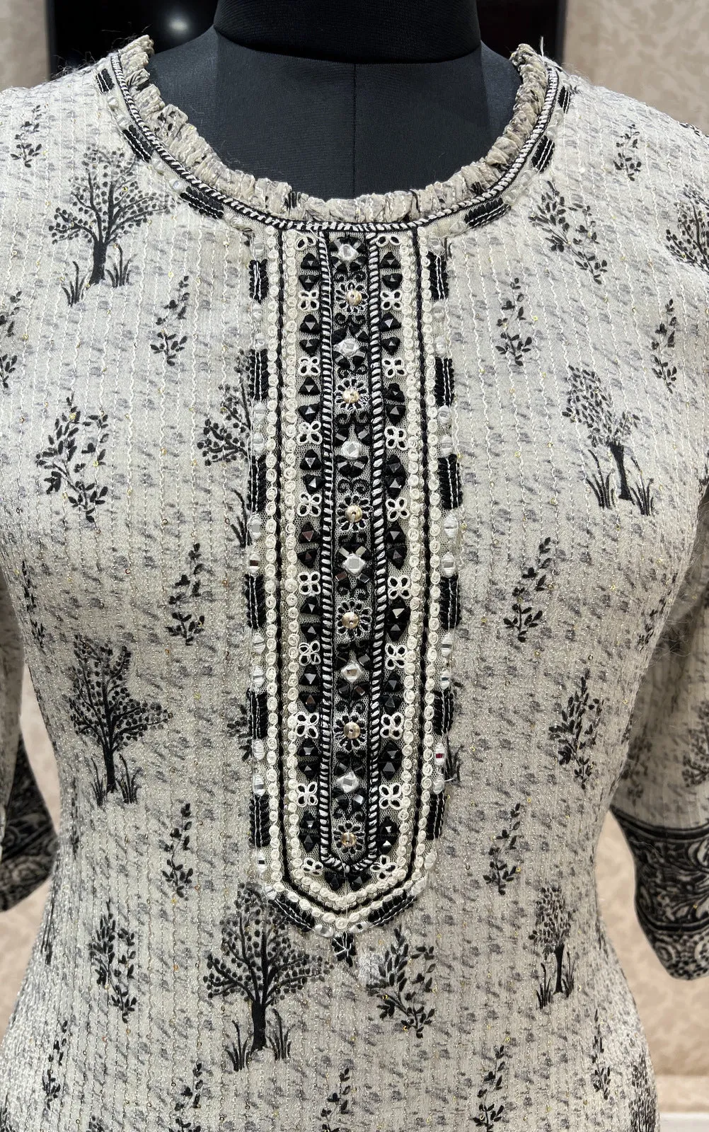 Cream with Black Printed, Sequins, Mirror and Thread Weaving work Calf Length Kurti