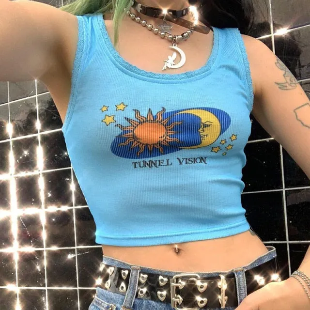 Fashion Punk Style Patchwork Tank Tops Aesthetic Letter And Graphic Print Women Crop Top Color Blocking Sleeveless Streetwear