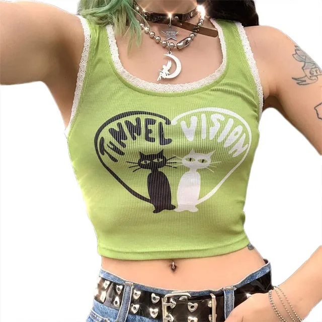 Fashion Punk Style Patchwork Tank Tops Aesthetic Letter And Graphic Print Women Crop Top Color Blocking Sleeveless Streetwear