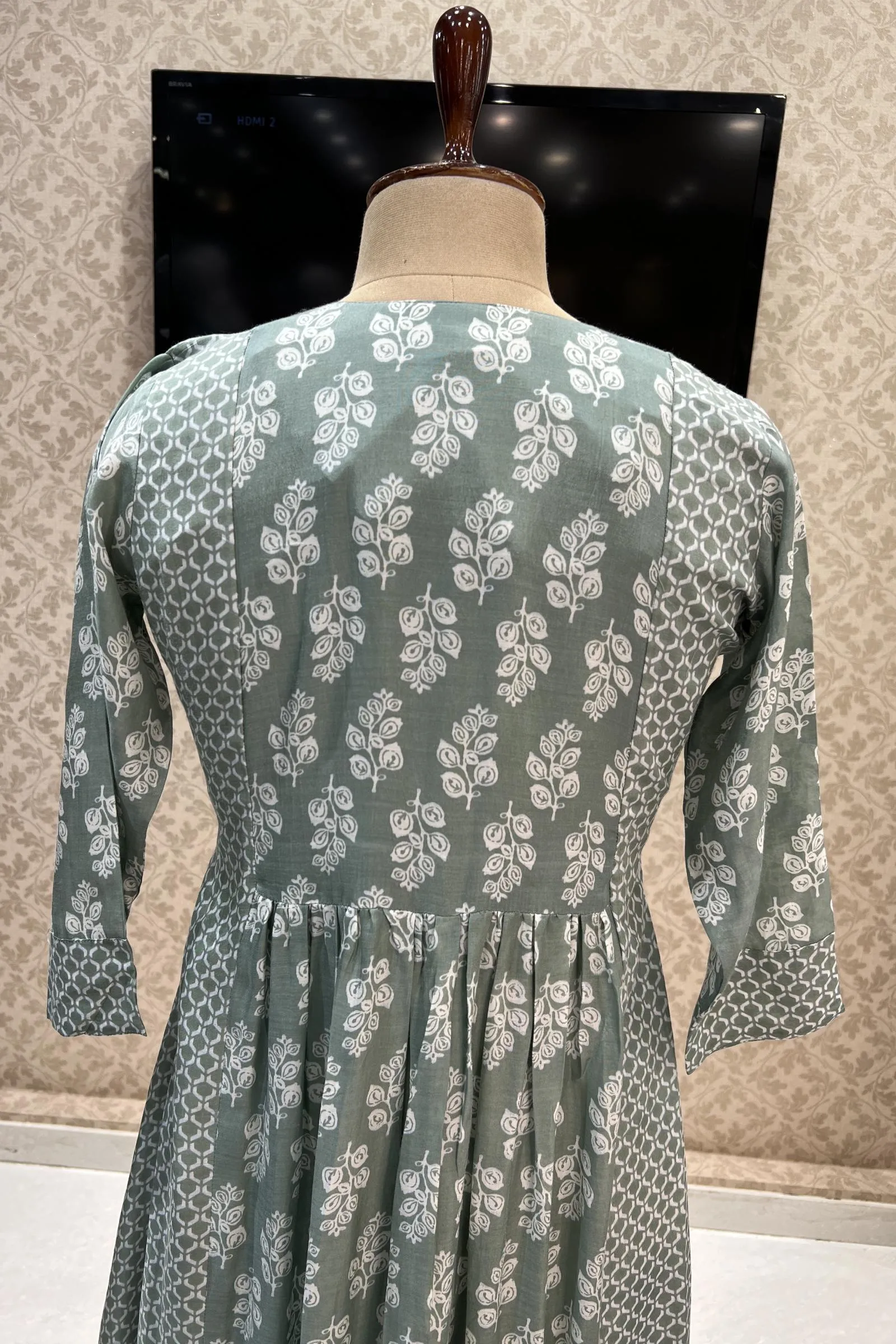 Green Chanderi Cotton Printed Anarkali Long Kurti