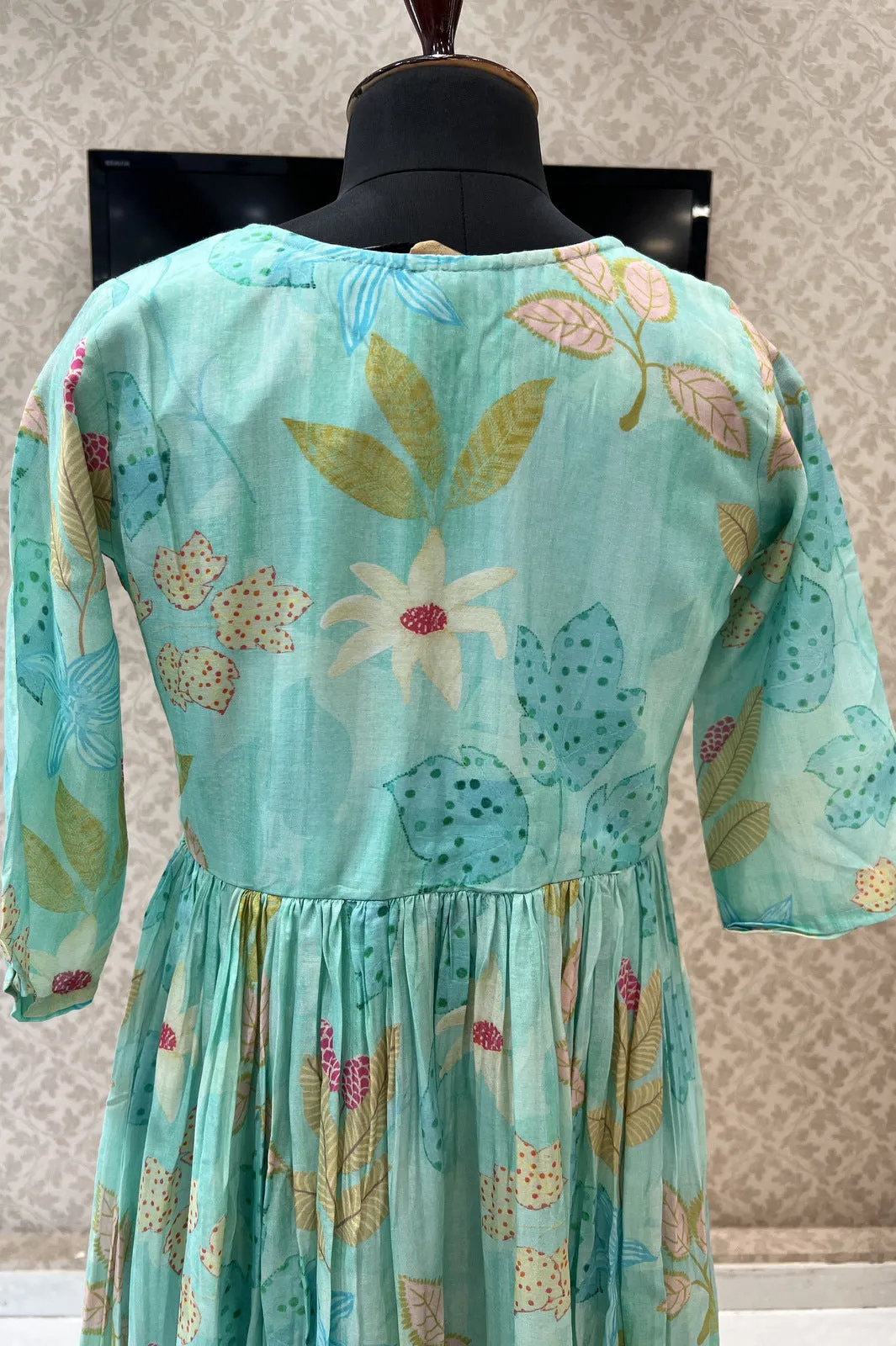 Green Zari and Mirror work with Floral Print Alia Cut Anarkali Styled Long Kurti