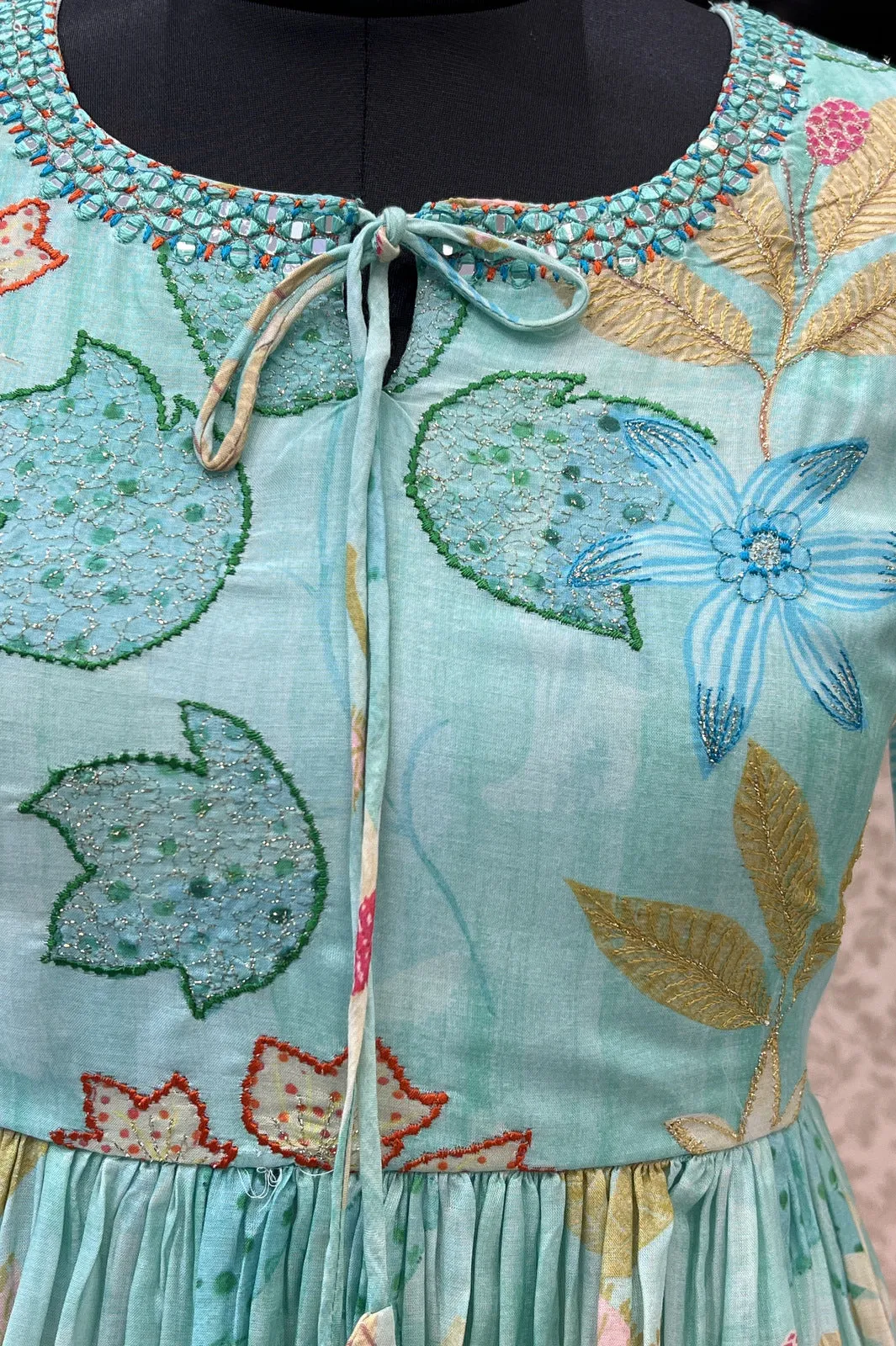 Green Zari and Mirror work with Floral Print Alia Cut Anarkali Styled Long Kurti