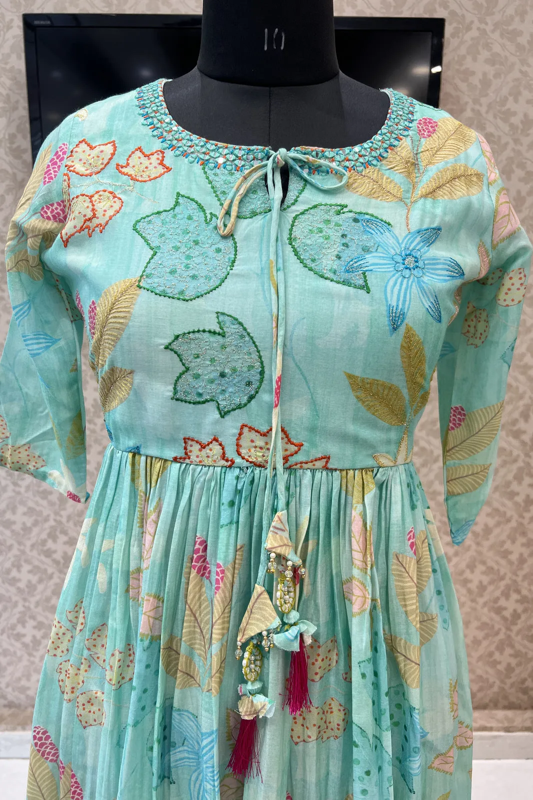 Green Zari and Mirror work with Floral Print Alia Cut Anarkali Styled Long Kurti
