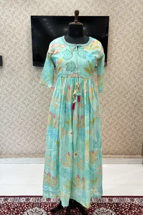Green Zari and Mirror work with Floral Print Alia Cut Anarkali Styled Long Kurti