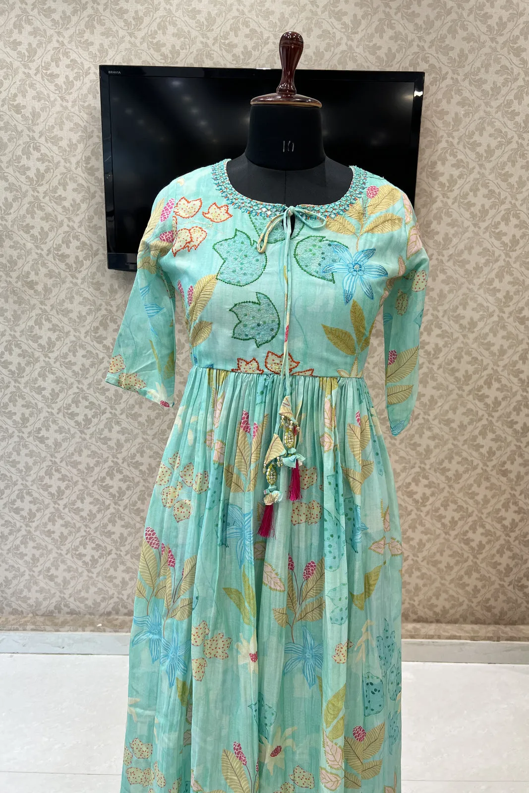 Green Zari and Mirror work with Floral Print Alia Cut Anarkali Styled Long Kurti