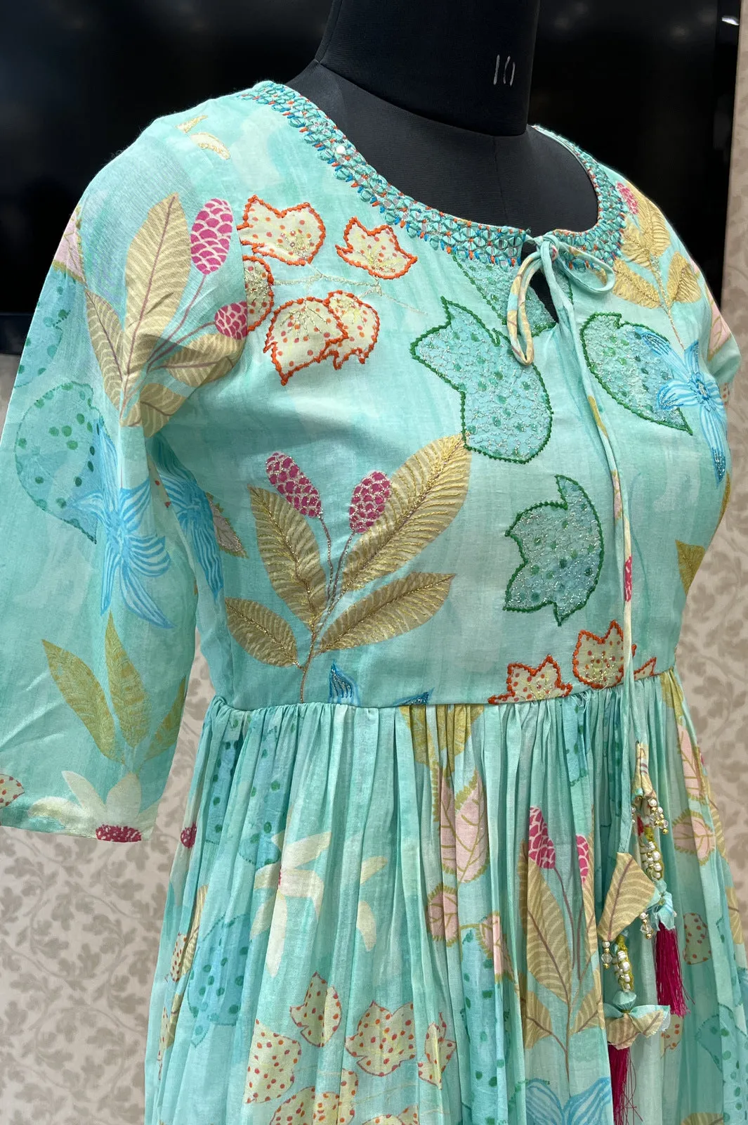 Green Zari and Mirror work with Floral Print Alia Cut Anarkali Styled Long Kurti