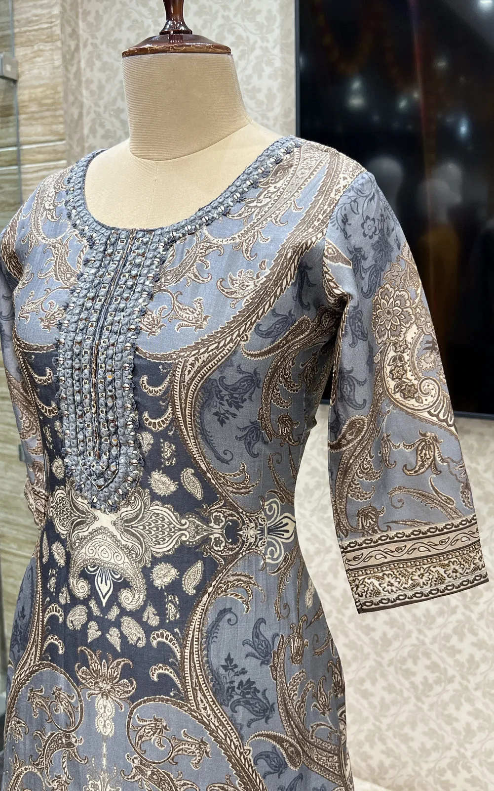 Grey Mirror and Thread work with Digital Print Calf Length Kurti
